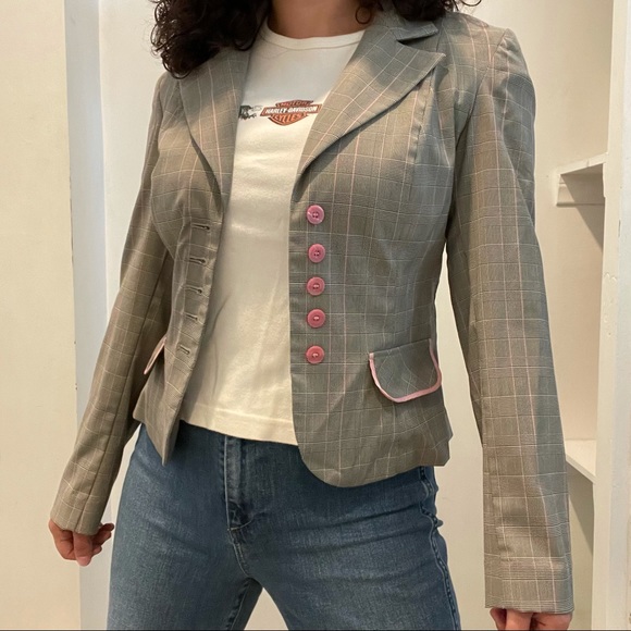 Bisou Bisou Jackets & Blazers - Bisou Bisou Grey Blazer with Pink Details